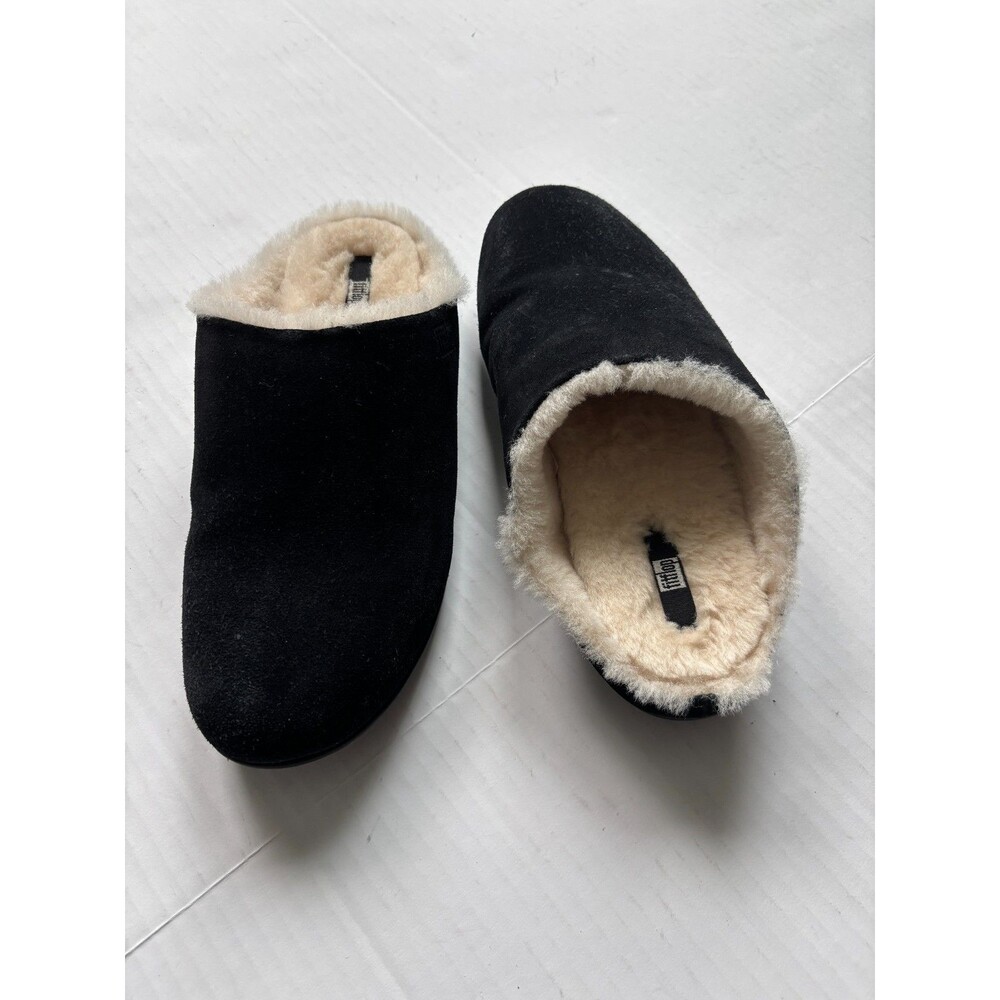 FitFlop Chrissie Shearling Slipper Mule Black Suede Womens Size 9 Cabin Chic - Picture 7 of 10